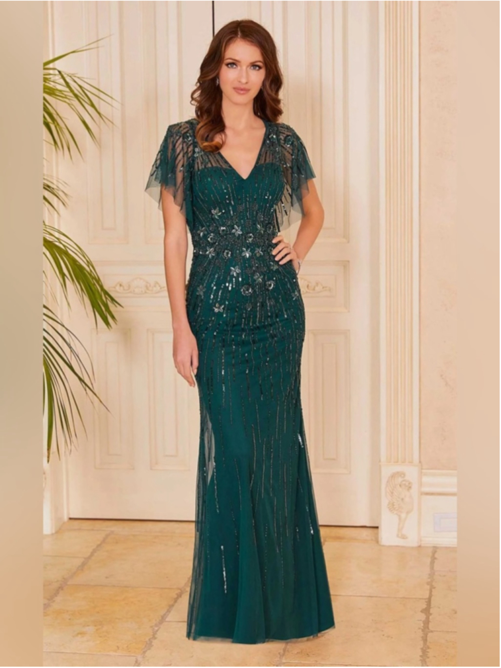 NWT- MGNY Emerald Beaded V-Neck Evening Gown